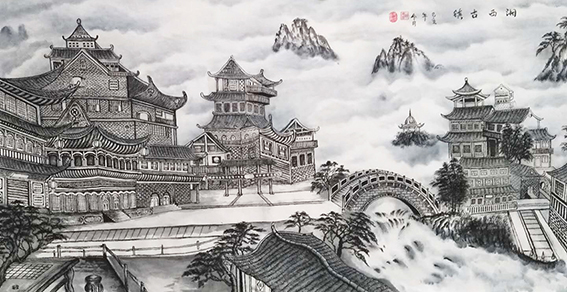 胡德康作品9《湘西古镇》70x140cm 画于2019年冬月
